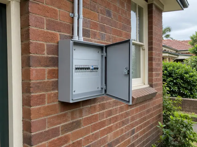 External switchboard cabinet on a brick house wall beside a window in Balgowlah